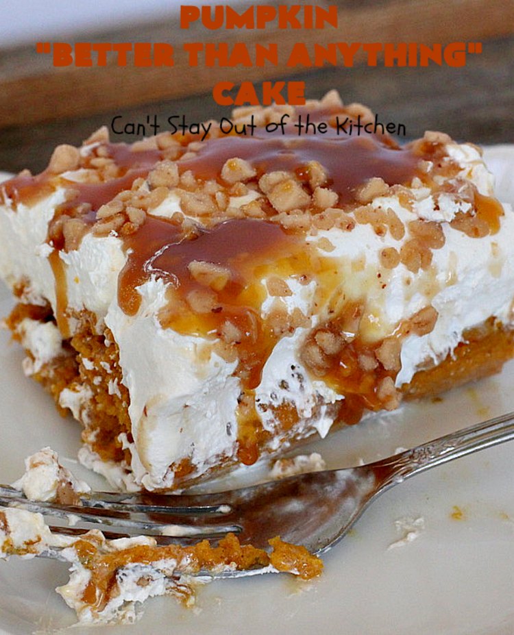 Pumpkin Better Than Anything Cake | Can't Stay Out of the Kitchen | this is one of the best #desserts I've ever tried. The #pumpkin #pokecake is filled with sweetened condensed milk so it's extremely moist. This easy #recipe also uses #HeathEnglishToffeeBit & #CaramelSundaeSauce. You'll be drooling after the first bite! #PumpkinCake #cake #CoolWhip #PumpkinDessert #EasyDessert #HolidayDessert #ThanksgivingDessert #ChristmasDessert