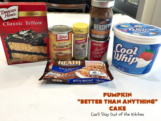 Pumpkin Better Than Anything Cake | Can't Stay Out of the Kitchen | this is one of the best #desserts I've ever tried. The #pumpkin #pokecake is filled with sweetened condensed milk so it's extremely moist. This easy #recipe also uses #HeathEnglishToffeeBit & #CaramelSundaeSauce. You'll be drooling after the first bite! #PumpkinCake #cake #CoolWhip #PumpkinDessert #EasyDessert #HolidayDessert #ThanksgivingDessert #ChristmasDessert