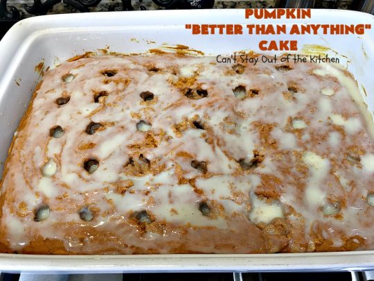 Pumpkin Better Than Anything Cake | Can't Stay Out of the Kitchen | this is one of the best #desserts I've ever tried. The #pumpkin #pokecake is filled with sweetened condensed milk so it's extremely moist. This easy #recipe also uses #HeathEnglishToffeeBit & #CaramelSundaeSauce. You'll be drooling after the first bite! #PumpkinCake #cake #CoolWhip #PumpkinDessert #EasyDessert #HolidayDessert #ThanksgivingDessert #ChristmasDessert
