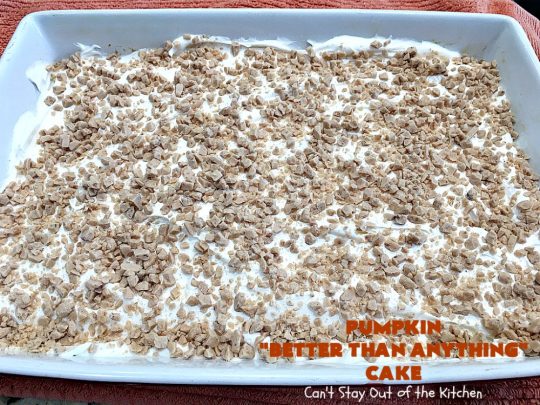 Pumpkin Better Than Anything Cake | Can't Stay Out of the Kitchen | this is one of the best #desserts I've ever tried. The #pumpkin #pokecake is filled with sweetened condensed milk so it's extremely moist. This easy #recipe also uses #HeathEnglishToffeeBit & #CaramelSundaeSauce. You'll be drooling after the first bite! #PumpkinCake #cake #CoolWhip #PumpkinDessert #EasyDessert #HolidayDessert #ThanksgivingDessert #ChristmasDessert