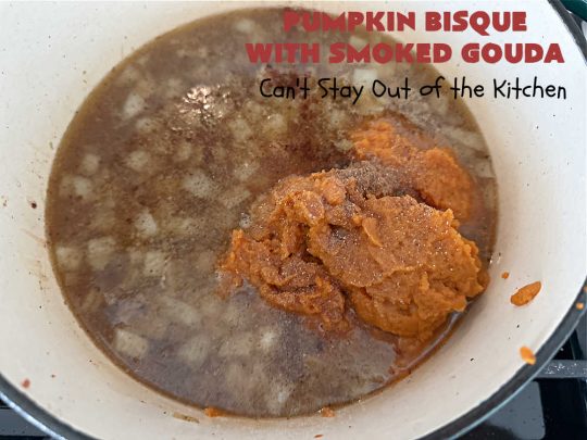 Pumpkin Bisque with Smoked Gouda | Can't Stay Out of the Kitchen | this easy 30 minute #recipe includes the savory flavors of #bacon, #GoudaCheese & #garlic & the spicy flavors of #nutmeg & #PumpkinPieSpice. This easy #soup is marvelous for weeknight suppers when you're short on time. If you have leftovers, it reheats well for lunches too. #PumpkinSoup #GlutenFree #pork #PumpkinSeeds #PumpkinBisqueWithSmokedGouda #30MinuteRecipe