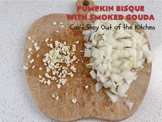 Pumpkin Bisque with Smoked Gouda | Can't Stay Out of the Kitchen | this easy 30 minute #recipe includes the savory flavors of #bacon, #GoudaCheese & #garlic & the spicy flavors of #nutmeg & #PumpkinPieSpice. This easy #soup is marvelous for weeknight suppers when you're short on time. If you have leftovers, it reheats well for lunches too. #PumpkinSoup #GlutenFree #pork #PumpkinSeeds #PumpkinBisqueWithSmokedGouda #30MinuteRecipe