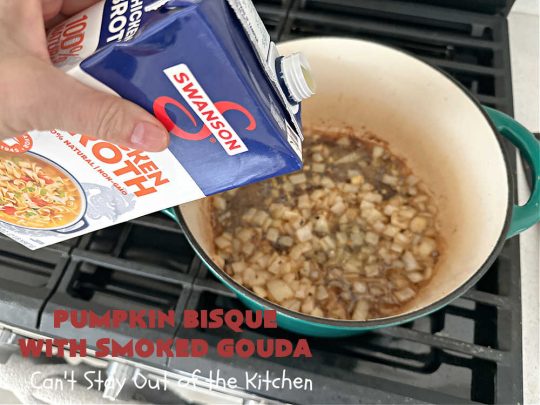 Pumpkin Bisque with Smoked Gouda | Can't Stay Out of the Kitchen | this easy 30 minute #recipe includes the savory flavors of #bacon, #GoudaCheese & #garlic & the spicy flavors of #nutmeg & #PumpkinPieSpice. This easy #soup is marvelous for weeknight suppers when you're short on time. If you have leftovers, it reheats well for lunches too. #PumpkinSoup #GlutenFree #pork #PumpkinSeeds #PumpkinBisqueWithSmokedGouda #30MinuteRecipe
