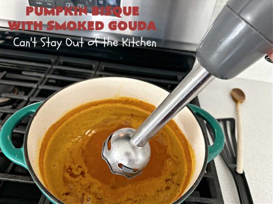 Pumpkin Bisque with Smoked Gouda | Can't Stay Out of the Kitchen | this easy 30 minute #recipe includes the savory flavors of #bacon, #GoudaCheese & #garlic & the spicy flavors of #nutmeg & #PumpkinPieSpice. This easy #soup is marvelous for weeknight suppers when you're short on time. If you have leftovers, it reheats well for lunches too. #PumpkinSoup #GlutenFree #pork #PumpkinSeeds #PumpkinBisqueWithSmokedGouda #30MinuteRecipe