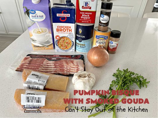 Pumpkin Bisque with Smoked Gouda | Can't Stay Out of the Kitchen | this easy 30 minute #recipe includes the savory flavors of #bacon, #GoudaCheese & #garlic & the spicy flavors of #nutmeg & #PumpkinPieSpice. This easy #soup is marvelous for weeknight suppers when you're short on time. If you have leftovers, it reheats well for lunches too. #PumpkinSoup #GlutenFree #pork #PumpkinSeeds #PumpkinBisqueWithSmokedGouda #30MinuteRecipe