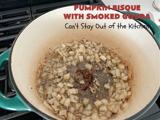 Pumpkin Bisque with Smoked Gouda | Can't Stay Out of the Kitchen | this easy 30 minute #recipe includes the savory flavors of #bacon, #GoudaCheese & #garlic & the spicy flavors of #nutmeg & #PumpkinPieSpice. This easy #soup is marvelous for weeknight suppers when you're short on time. If you have leftovers, it reheats well for lunches too. #PumpkinSoup #GlutenFree #pork #PumpkinSeeds #PumpkinBisqueWithSmokedGouda #30MinuteRecipe