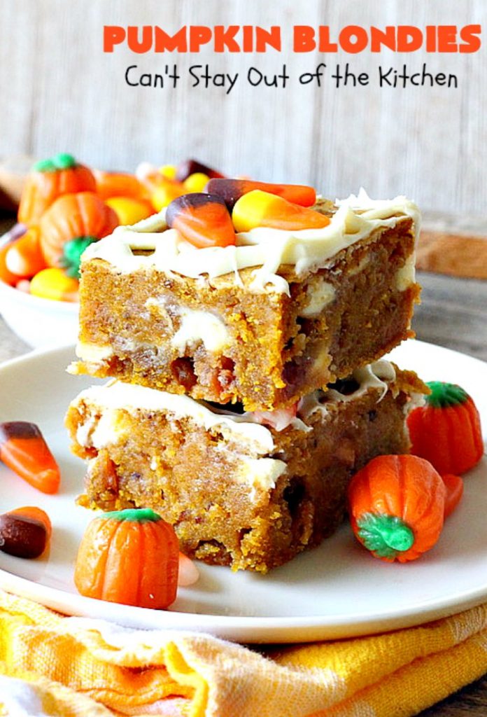 Pumpkin Blondies | Can't Stay Out of the Kitchen | these spectacular #cookies are filled with #butterscotch chips, white #chocolate chips, #pumpkin and #pecans. #CandyCorns at the top and a white chocolate glaze make them absolutely irresistible. #brownies #fall #FallBaking #holidays #dessert #ThanksgivingDessert #pumpkindessert