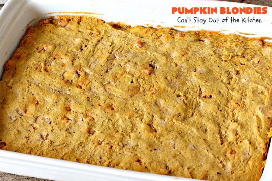 Pumpkin Blondies | Can't Stay Out of the Kitchen | these spectacular #cookies are filled with #butterscotch chips, white #chocolate chips, #pumpkin and #pecans. #CandyCorns at the top and a white chocolate glaze make them absolutely irresistible. #brownies #fall #FallBaking #holidays #dessert #ThanksgivingDessert #pumpkindessert