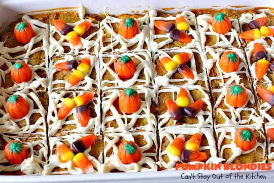 Pumpkin Blondies | Can't Stay Out of the Kitchen | these spectacular #cookies are filled with #butterscotch chips, white #chocolate chips, #pumpkin and #pecans. #CandyCorns at the top and a white chocolate glaze make them absolutely irresistible. #brownies #fall #FallBaking #holidays #dessert #ThanksgivingDessert #pumpkindessert