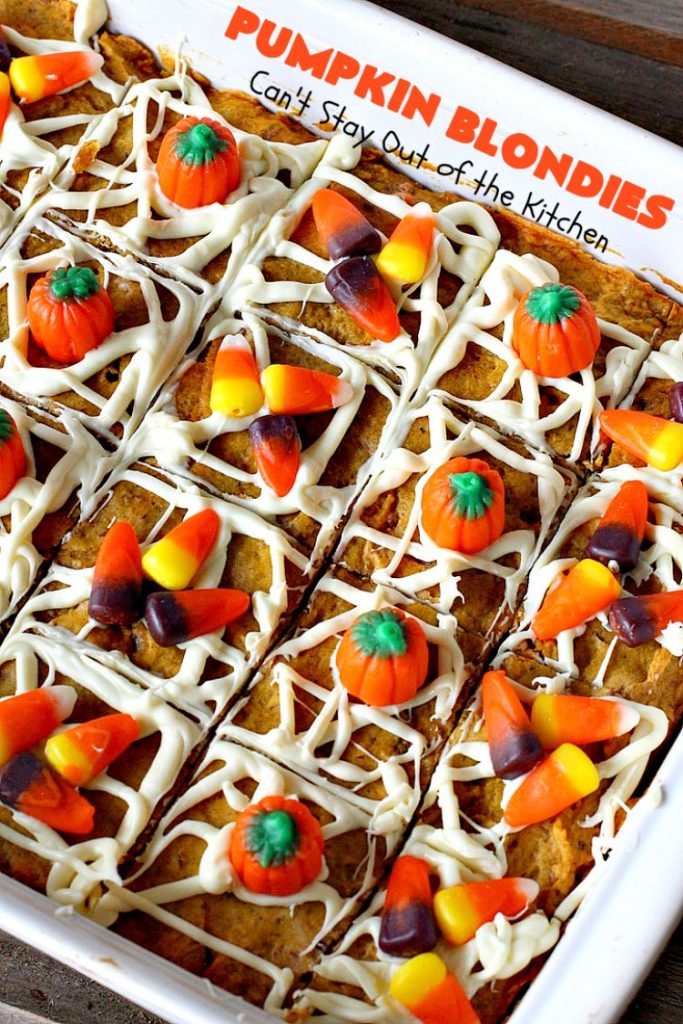 Pumpkin Blondies | Can't Stay Out of the Kitchen | these spectacular #cookies are filled with #butterscotch chips, white #chocolate chips, #pumpkin and #pecans. #CandyCorns at the top and a white chocolate glaze make them absolutely irresistible. #brownies #fall #FallBaking #holidays #dessert #ThanksgivingDessert #pumpkindessert