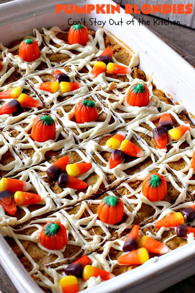 Pumpkin Blondies | Can't Stay Out of the Kitchen | these spectacular #cookies are filled with #butterscotch chips, white #chocolate chips, #pumpkin and #pecans. #CandyCorns at the top and a white chocolate glaze make them absolutely irresistible. #brownies #fall #FallBaking #holidays #dessert #ThanksgivingDessert #pumpkindessert