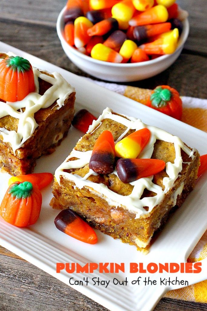 Pumpkin Blondies | Can't Stay Out of the Kitchen | these spectacular #cookies are filled with #butterscotch chips, white #chocolate chips, #pumpkin and #pecans. #CandyCorns at the top and a white chocolate glaze make them absolutely irresistible. #brownies #fall #FallBaking #holidays #dessert #ThanksgivingDessert #pumpkindessert