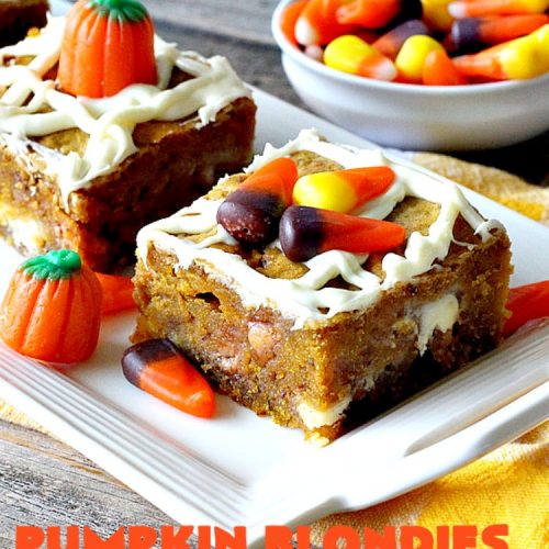 Pumpkin Blondies | Can't Stay Out of the Kitchen | these spectacular #cookies are filled with #butterscotch chips, white #chocolate chips, #pumpkin and #pecans. #CandyCorns at the top and a white chocolate glaze make them absolutely irresistible. #brownies #fall #FallBaking #holidays #dessert #ThanksgivingDessert #pumpkindessert