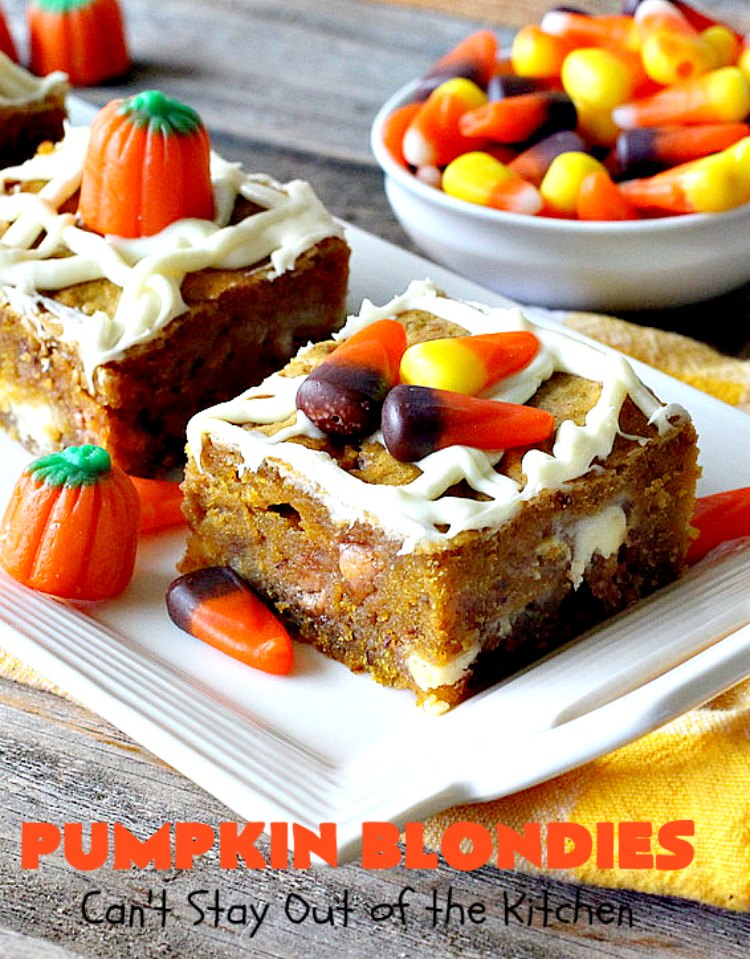 Pumpkin Blondies | Can't Stay Out of the Kitchen | these spectacular #cookies are filled with #butterscotch chips, white #chocolate chips, #pumpkin and #pecans. #CandyCorns at the top and a white chocolate glaze make them absolutely irresistible. #brownies #fall #FallBaking #holidays #dessert #ThanksgivingDessert #pumpkindessert