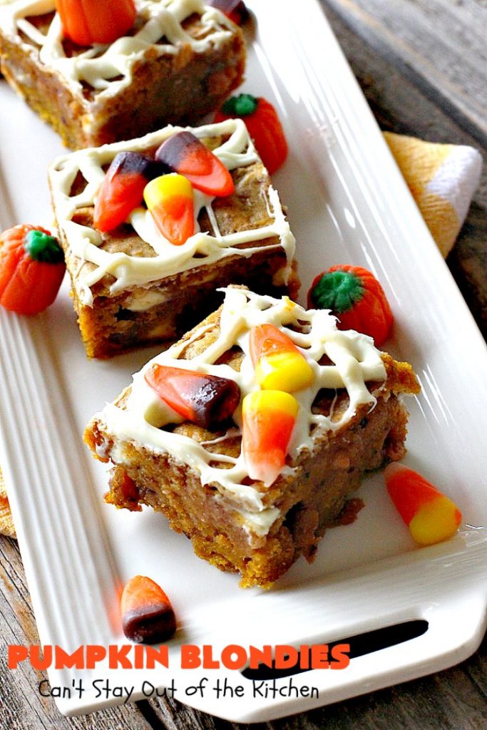 Pumpkin Blondies | Can't Stay Out of the Kitchen | these spectacular #cookies are filled with #butterscotch chips, white #chocolate chips, #pumpkin and #pecans. #CandyCorns at the top and a white chocolate glaze make them absolutely irresistible. #brownies #fall #FallBaking #holidays #dessert #ThanksgivingDessert #pumpkindessert