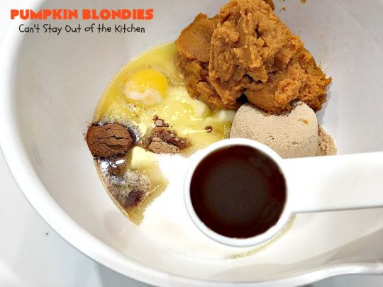 Pumpkin Blondies | Can't Stay Out of the Kitchen | these spectacular #cookies are filled with #butterscotch chips, white #chocolate chips, #pumpkin and #pecans. #CandyCorns at the top and a white chocolate glaze make them absolutely irresistible. #brownies #fall #FallBaking #holidays #dessert #ThanksgivingDessert #pumpkindessert