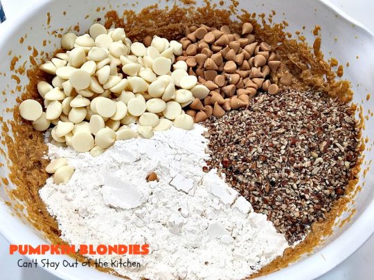 Pumpkin Blondies | Can't Stay Out of the Kitchen | these spectacular #cookies are filled with #butterscotch chips, white #chocolate chips, #pumpkin and #pecans. #CandyCorns at the top and a white chocolate glaze make them absolutely irresistible. #brownies #fall #FallBaking #holidays #dessert #ThanksgivingDessert #pumpkindessert