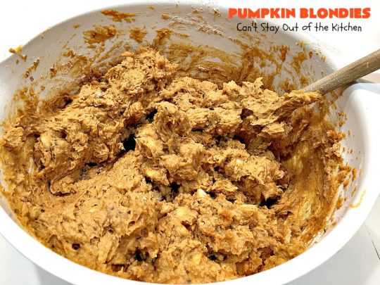 Pumpkin Blondies | Can't Stay Out of the Kitchen | these spectacular #cookies are filled with #butterscotch chips, white #chocolate chips, #pumpkin and #pecans. #CandyCorns at the top and a white chocolate glaze make them absolutely irresistible. #brownies #fall #FallBaking #holidays #dessert #ThanksgivingDessert #pumpkindessert