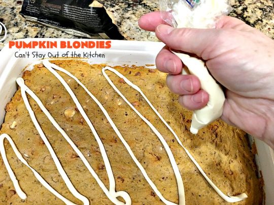 Pumpkin Blondies | Can't Stay Out of the Kitchen | these spectacular #cookies are filled with #butterscotch chips, white #chocolate chips, #pumpkin and #pecans. #CandyCorns at the top and a white chocolate glaze make them absolutely irresistible. #brownies #fall #FallBaking #holidays #dessert #ThanksgivingDessert #pumpkindessert