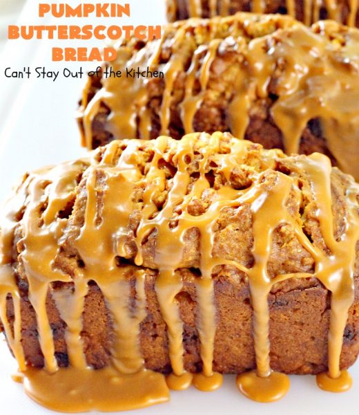 Pumpkin Butterscotch Bread | Can't Stay Out of the Kitchen | this outrageous #pumpkin #bread is filled with #butterscotch chips & has a luscious butterscotch icing. Excellent for #fall #baking or a #holiday #breakfast like #Thanksgiving.