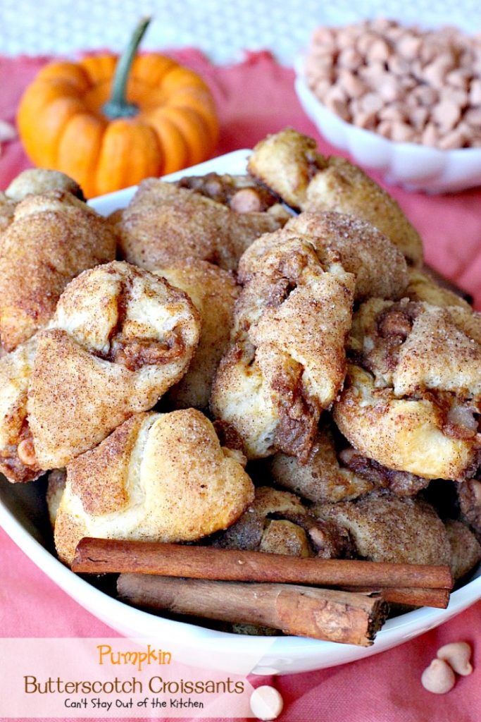 Pumpkin Butterscotch Croissants | Can't Stay Out of the Kitchen | These fabulous #croissants are wonderful for the #holidays -- everyone loves them! They're so easy since they're made with #crescentrolls. #pumpkin #butterscotch #breakfast