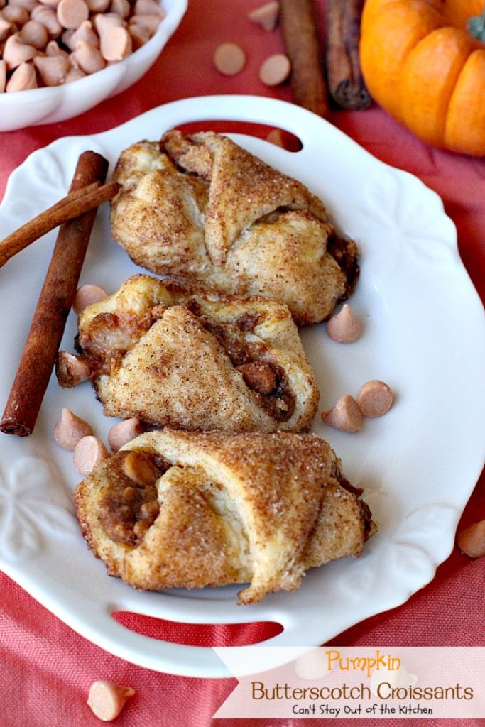 Pumpkin Butterscotch Croissants | Can't Stay Out of the Kitchen | These fabulous #croissants are wonderful for the #holidays -- everyone loves them! They're so easy since they're made with #crescentrolls. #pumpkin #butterscotch #breakfast