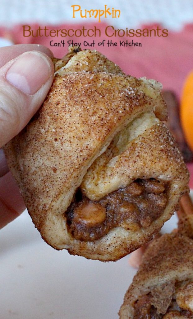 Pumpkin Butterscotch Croissants | Can't Stay Out of the Kitchen | These fabulous #croissants are wonderful for the #holidays -- everyone loves them! They're so easy since they're made with #crescentrolls. #pumpkin #butterscotch #breakfast