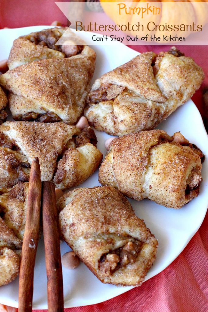 Pumpkin Butterscotch Croissants | Can't Stay Out of the Kitchen | These fabulous #croissants are wonderful for the #holidays -- everyone loves them! They're so easy since they're made with #crescentrolls. #pumpkin #butterscotch #breakfast