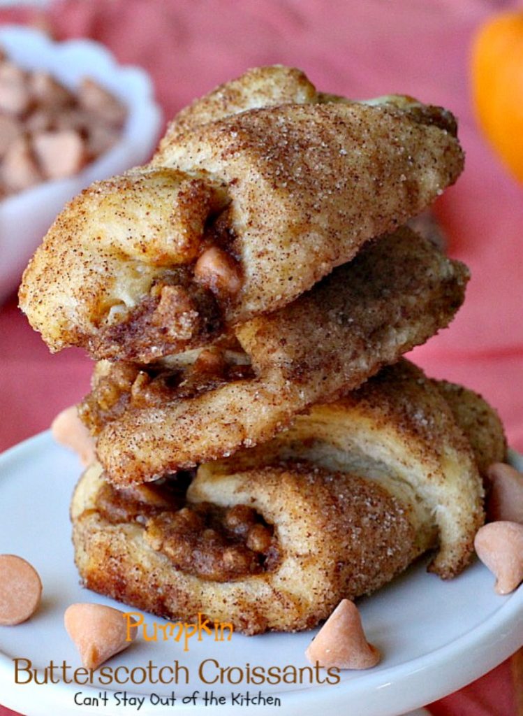 Pumpkin Butterscotch Croissants | Can't Stay Out of the Kitchen | These fabulous #croissants are wonderful for the #holidays -- everyone loves them! They're so easy since they're made with #crescentrolls. #pumpkin #butterscotch #breakfast