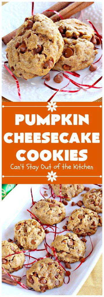 Pumpkin Cheesecake Cookies | Can't Stay Out of the Kitchen | these spectacular #cookies include #pumpkin, #CheesecakeJellO & #CinnamonChips. They have explosive flavor & are perfect for #holiday parties or a #ChristmasCookieExchange. Also great for #FallBaking. #fall #dessert #cheesecake #PumpkinDessert #PumpkinCheesecakeCookies #cinnamon
