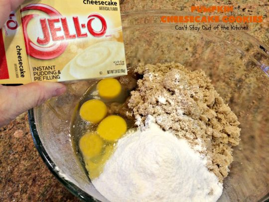 Pumpkin Cheesecake Cookies | Can't Stay Out of the Kitchen | these spectacular #cookies include #pumpkin, #CheesecakeJellO & #CinnamonChips. They have explosive flavor & are perfect for #holiday parties or a #ChristmasCookieExchange. Also great for #FallBaking. #fall #dessert #cheesecake #PumpkinDessert #PumpkinCheesecakeCookies #cinnamon
