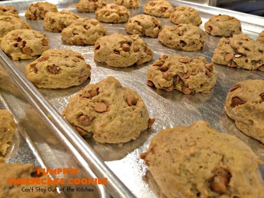Pumpkin Cheesecake Cookies | Can't Stay Out of the Kitchen | these spectacular #cookies include #pumpkin, #CheesecakeJellO & #CinnamonChips. They have explosive flavor & are perfect for #holiday parties or a #ChristmasCookieExchange. Also great for #FallBaking. #fall #dessert #cheesecake #PumpkinDessert #PumpkinCheesecakeCookies #cinnamon