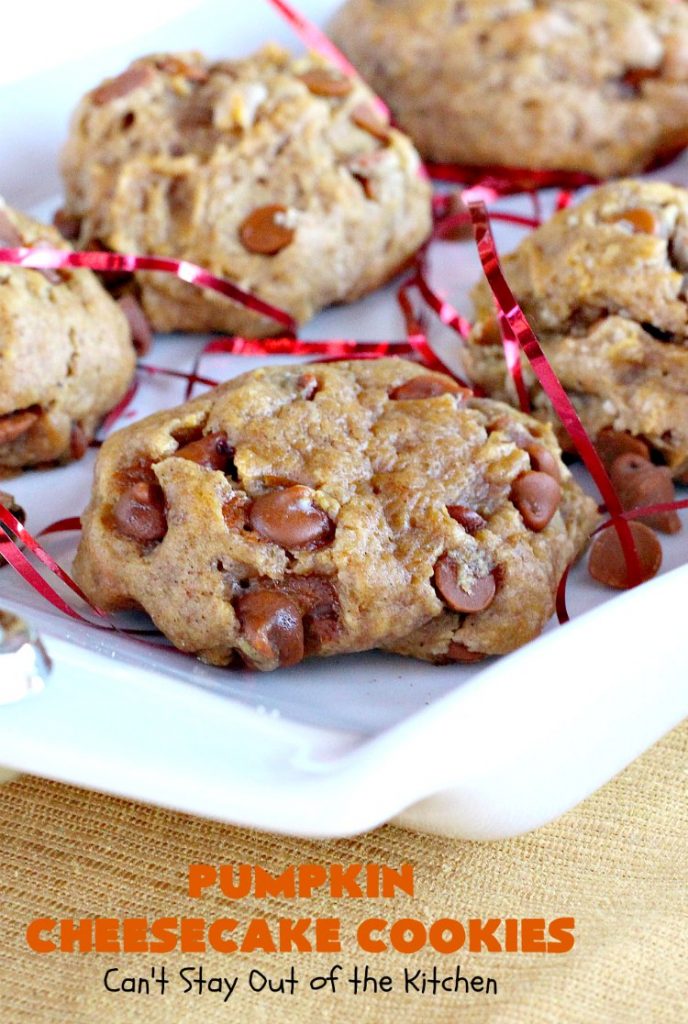 Pumpkin Cheesecake Cookies | Can't Stay Out of the Kitchen | these spectacular #cookies include #pumpkin, #CheesecakeJellO & #CinnamonChips. They have explosive flavor & are perfect for #holiday parties or a #ChristmasCookieExchange. Also great for #FallBaking. #fall #dessert #cheesecake #PumpkinDessert #PumpkinCheesecakeCookies #cinnamon