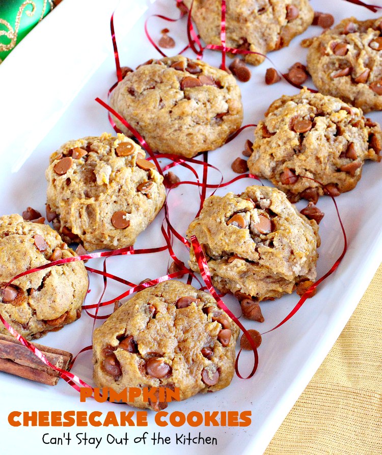 Pumpkin Cheesecake Cookies | Can't Stay Out of the Kitchen | these spectacular #cookies include #pumpkin, #CheesecakeJellO & #CinnamonChips. They have explosive flavor & are perfect for #holiday parties or a #ChristmasCookieExchange. Also great for #FallBaking. #fall #dessert #cheesecake #PumpkinDessert #PumpkinCheesecakeCookies #cinnamon