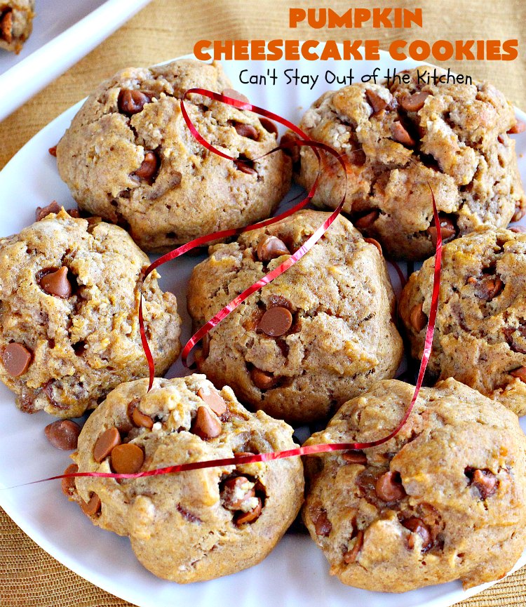 Pumpkin Cheesecake Cookies | Can't Stay Out of the Kitchen | these spectacular #cookies include #pumpkin, #CheesecakeJellO & #CinnamonChips. They have explosive flavor & are perfect for #holiday parties or a #ChristmasCookieExchange. Also great for #FallBaking. #fall #dessert #cheesecake #PumpkinDessert #PumpkinCheesecakeCookies #cinnamon