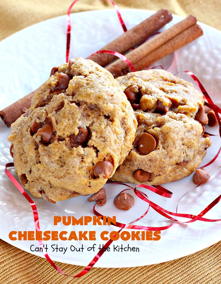 Pumpkin Cheesecake Cookies | Can't Stay Out of the Kitchen | these spectacular #cookies include #pumpkin, #CheesecakeJellO & #CinnamonChips. They have explosive flavor & are perfect for #holiday parties or a #ChristmasCookieExchange. Also great for #FallBaking. #fall #dessert #cheesecake #PumpkinDessert #PumpkinCheesecakeCookies #cinnamon