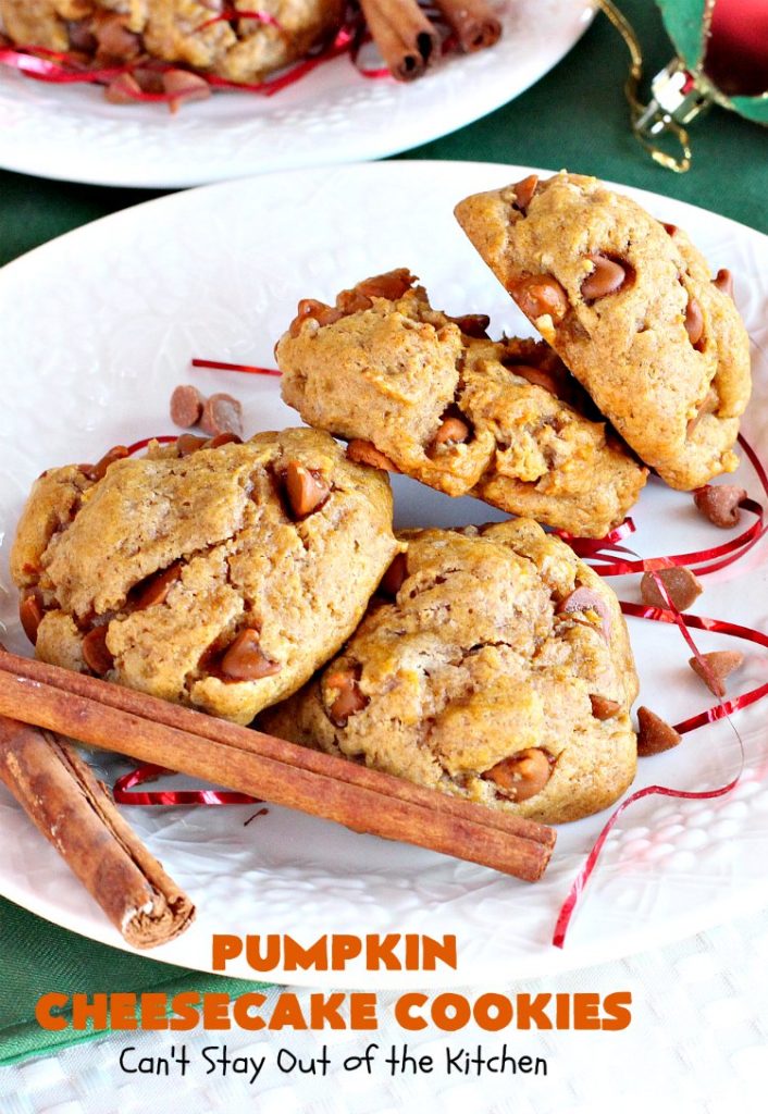 Pumpkin Cheesecake Cookies | Can't Stay Out of the Kitchen | these spectacular #cookies include #pumpkin, #CheesecakeJellO & #CinnamonChips. They have explosive flavor & are perfect for #holiday parties or a #ChristmasCookieExchange. Also great for #FallBaking. #fall #dessert #cheesecake #PumpkinDessert #PumpkinCheesecakeCookies #cinnamon