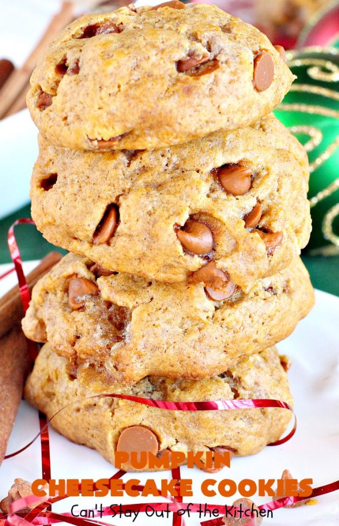 Pumpkin Cheesecake Cookies | Can't Stay Out of the Kitchen | these spectacular #cookies include #pumpkin, #CheesecakeJellO & #CinnamonChips. They have explosive flavor & are perfect for #holiday parties or a #ChristmasCookieExchange. Also great for #FallBaking. #fall #dessert #cheesecake #PumpkinDessert #PumpkinCheesecakeCookies #cinnamon