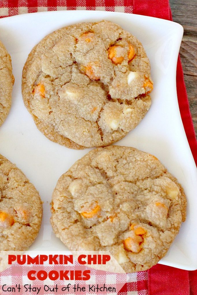 Pumpkin Chip Cookies | Can't Stay Out of the Kitchen | these heavenly #cookies use #pumpkin 'n spice chips & vanilla chips. They are absolutely divine! Perfect for #fall or #holiday baking. #dessert