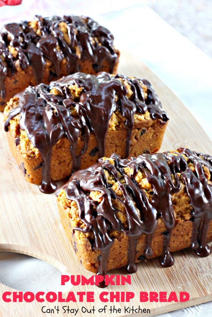 Pumpkin Chocolate Chip Bread | Can't Stay Out of the Kitchen | this awesome & decadent #pumpkin #bread is filled with #chocolate chips & then glazed with chocolate icing. Great #breakfast idea for #holidays like #Thanksgiving.