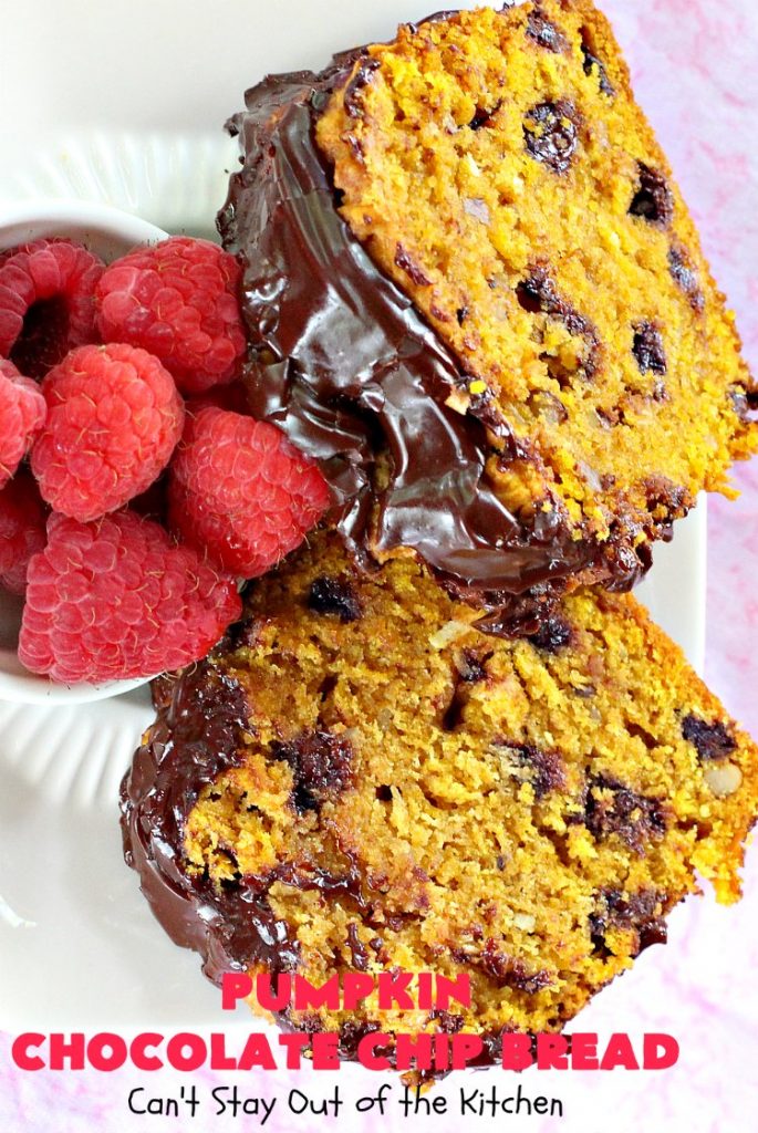 Pumpkin Chocolate Chip Bread | Can't Stay Out of the Kitchen | this awesome & decadent #pumpkin #bread is filled with #chocolate chips & then glazed with chocolate icing. Great #breakfast idea for #holidays like #Thanksgiving.