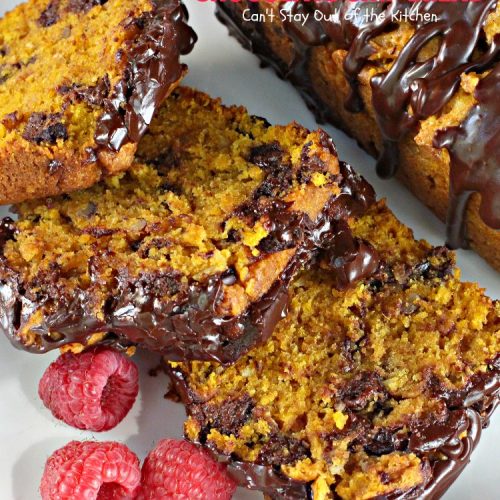Pumpkin Chocolate Chip Bread | Can't Stay Out of the Kitchen | this awesome & decadent #pumpkin #bread is filled with #chocolate chips & then glazed with chocolate icing. Great #breakfast idea for #holidays like #Thanksgiving.