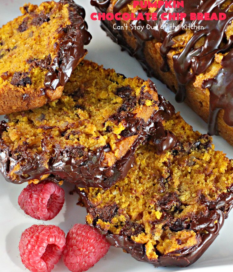 Pumpkin Chocolate Chip Bread | Can't Stay Out of the Kitchen | this awesome & decadent #pumpkin #bread is filled with #chocolate chips & then glazed with chocolate icing. Great #breakfast idea for #holidays like #Thanksgiving.