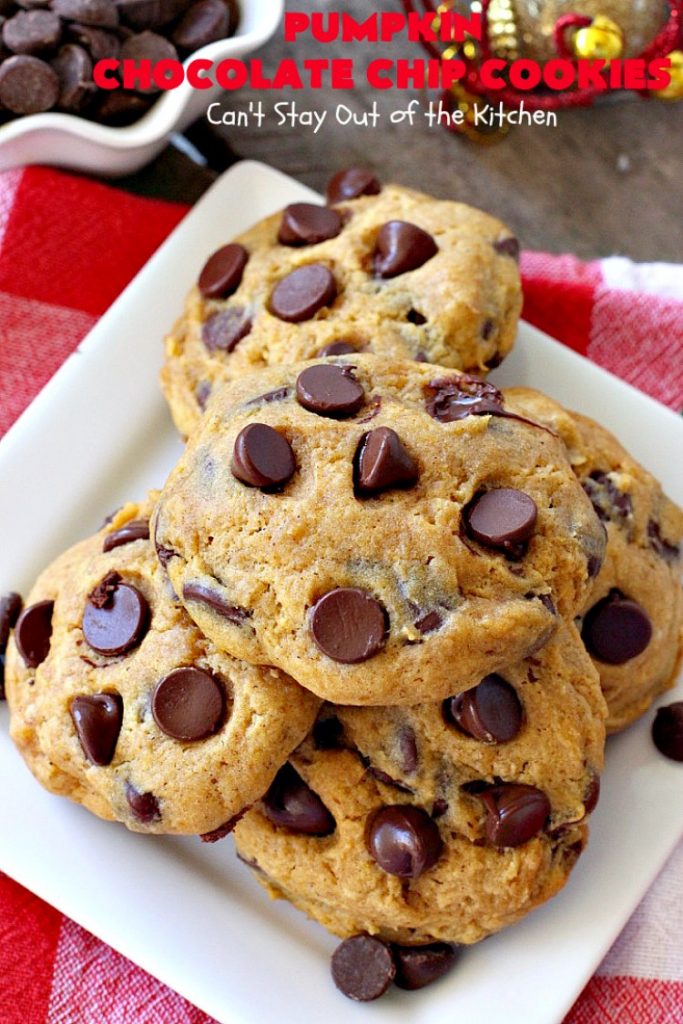 Pumpkin Chocolate Chip Cookies | Can't Stay Out of the Kitchen | these #pumpkin #cookies are utterly delightful. They're filled with #chocolate chips & delicately seasoned with #cinnamon & pumpkin pie spice. Terrific for #holiday baking. #dessert