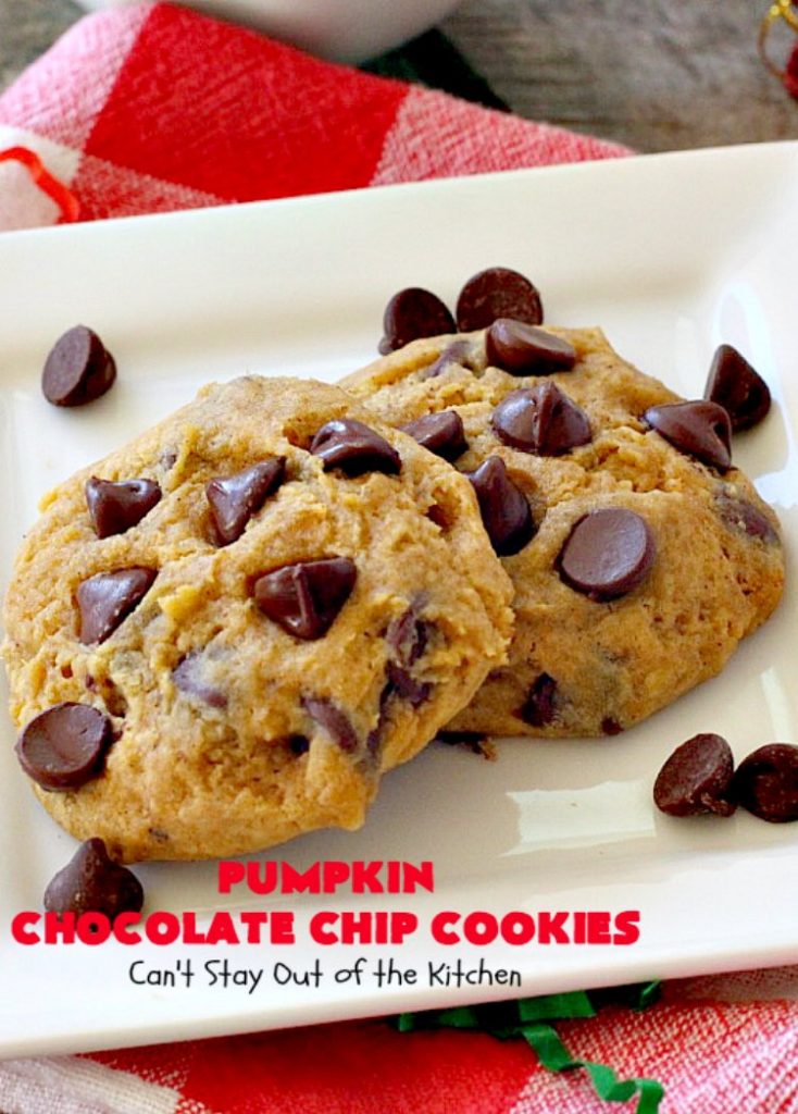 Pumpkin Chocolate Chip Cookies | Can't Stay Out of the Kitchen | these #pumpkin #cookies are utterly delightful. They're filled with #chocolate chips & delicately seasoned with #cinnamon & pumpkin pie spice. Terrific for #holiday baking. #dessert