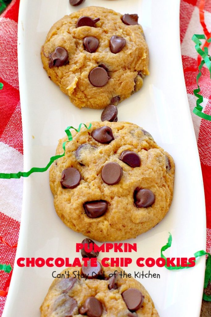 Pumpkin Chocolate Chip Cookies | Can't Stay Out of the Kitchen | these #pumpkin #cookies are utterly delightful. They're filled with #chocolate chips & delicately seasoned with #cinnamon & pumpkin pie spice. Terrific for #holiday baking. #dessert