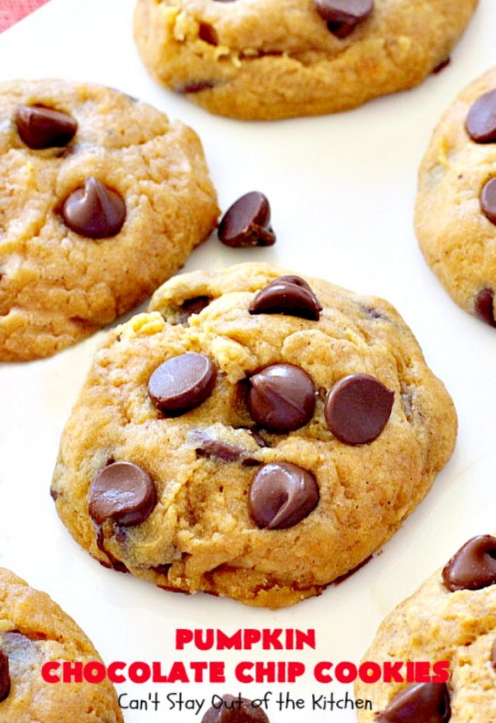 Pumpkin Chocolate Chip Cookies | Can't Stay Out of the Kitchen | these #pumpkin #cookies are utterly delightful. They're filled with #chocolate chips & delicately seasoned with #cinnamon & pumpkin pie spice. Terrific for #holiday baking. #dessert