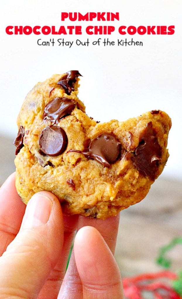 Pumpkin Chocolate Chip Cookies | Can't Stay Out of the Kitchen | these #pumpkin #cookies are utterly delightful. They're filled with #chocolate chips & delicately seasoned with #cinnamon & pumpkin pie spice. Terrific for #holiday baking. #dessert