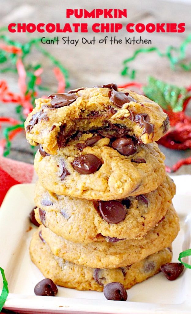 Pumpkin Chocolate Chip Cookies | Can't Stay Out of the Kitchen | these #pumpkin #cookies are utterly delightful. They're filled with #chocolate chips & delicately seasoned with #cinnamon & pumpkin pie spice. Terrific for #holiday baking. #dessert