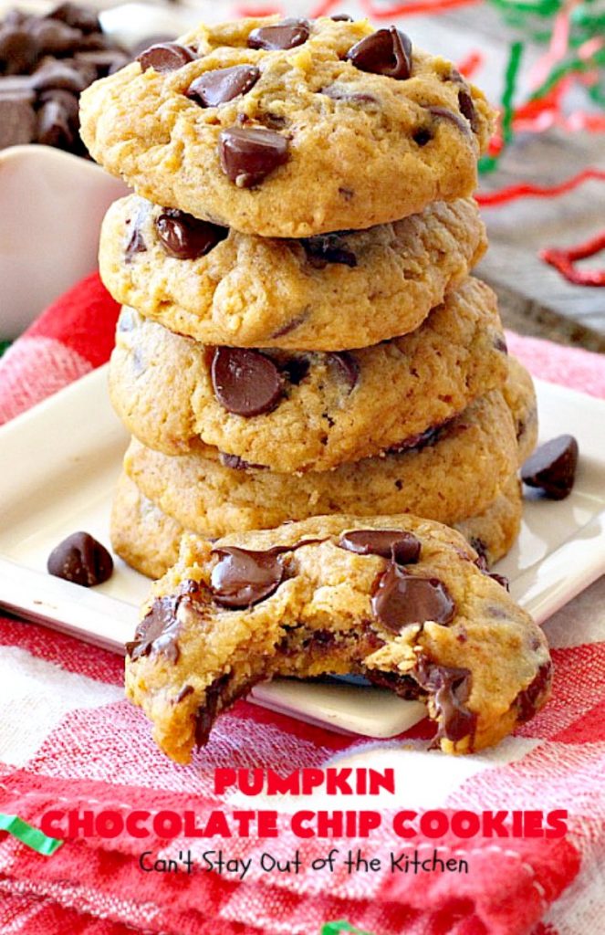 Pumpkin Chocolate Chip Cookies | Can't Stay Out of the Kitchen | these #pumpkin #cookies are utterly delightful. They're filled with #chocolate chips & delicately seasoned with #cinnamon & pumpkin pie spice. Terrific for #holiday baking. #dessert